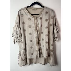 Marisima Women's OS Tan Textured Polka Dots Top Made in Italy Eyelet Flutter